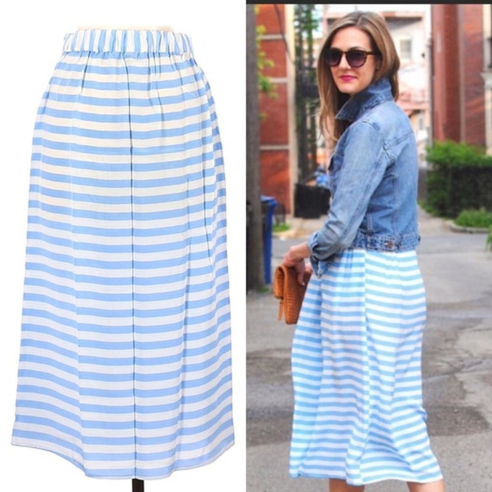 Tucker Striped Midi Skirt M Silk Crepe de Chine Pleated Slip Skirt Blue White